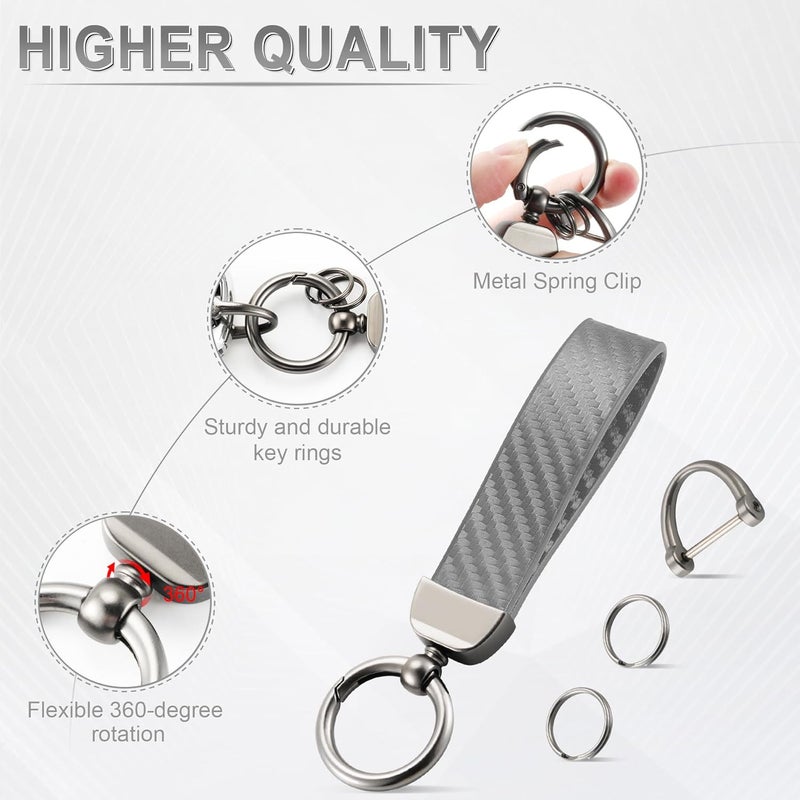 JUSTTOP Leather Keychain, Carbon Fiber Car Key Chain with Anti-Lost D-Ring and 2 Key Ring, Keychain Wristlet, Car Accessories, Universal Keychain for Men and Women (Grey) - Image 4